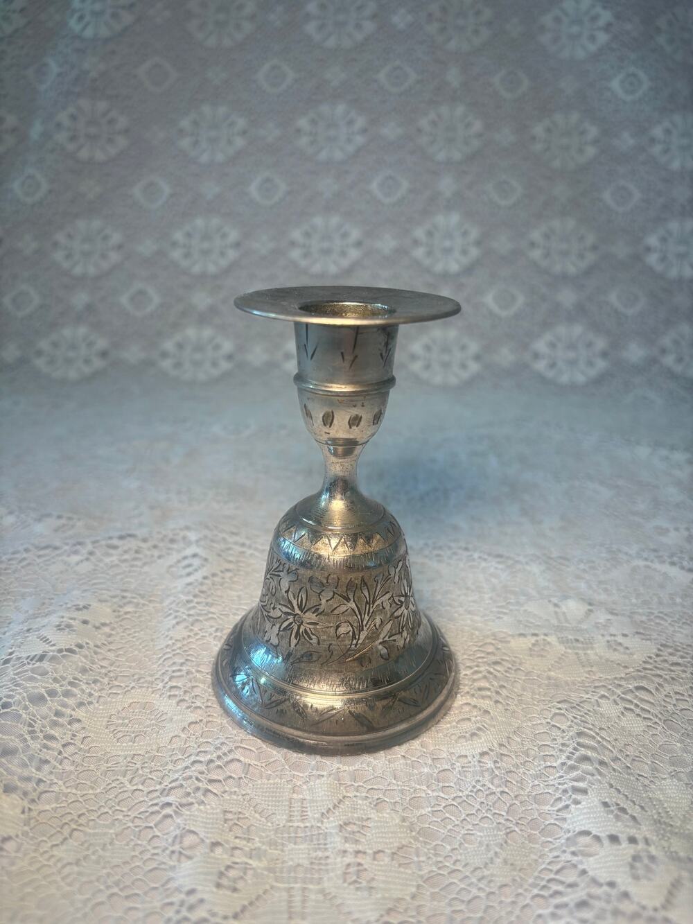 Vintage 1970s World Gift ZY India Silver Bell Candle Holder